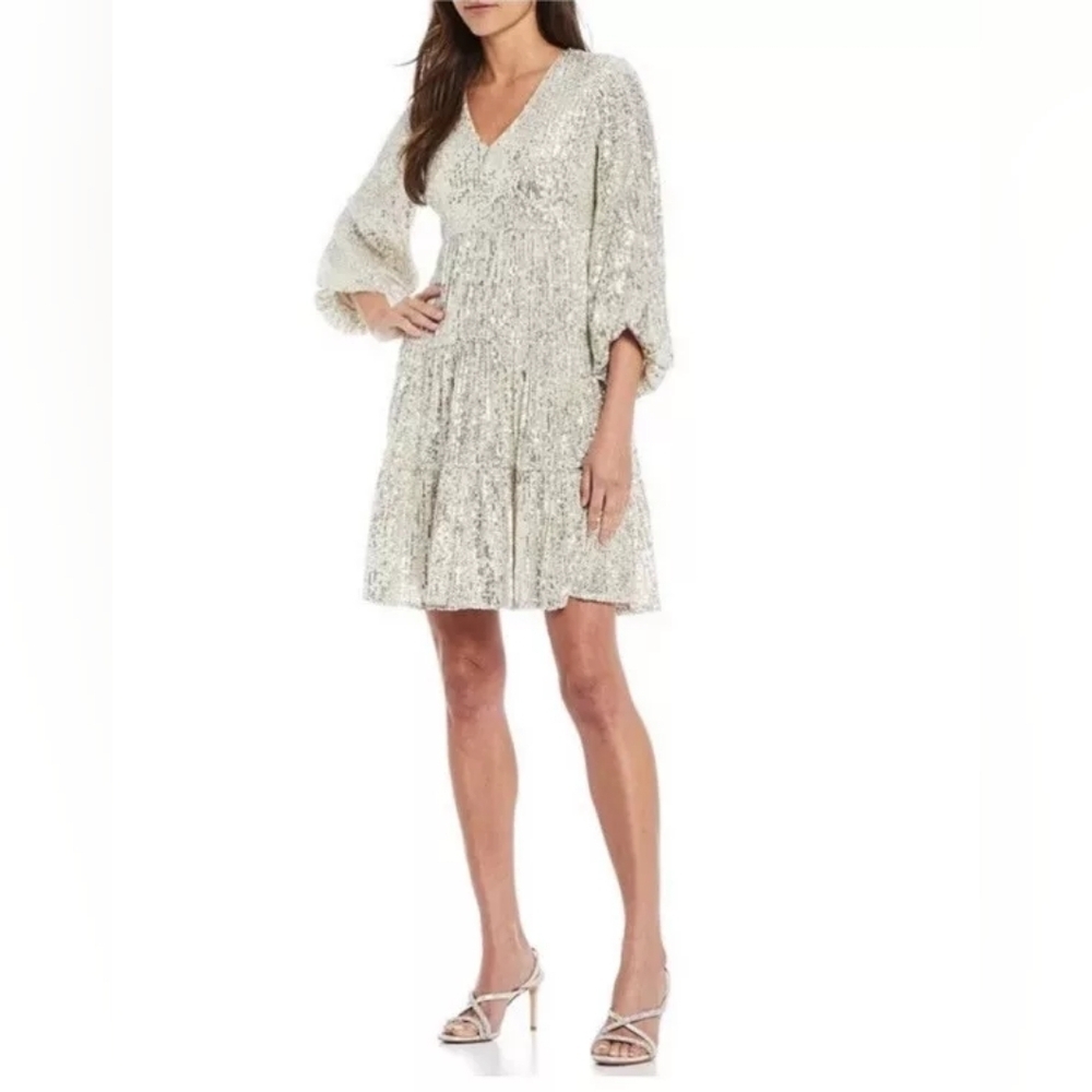 Eliza J silver sequin J V-Neck 3/4 Balloon Sleeve Sequin Tiered Dress Size 6